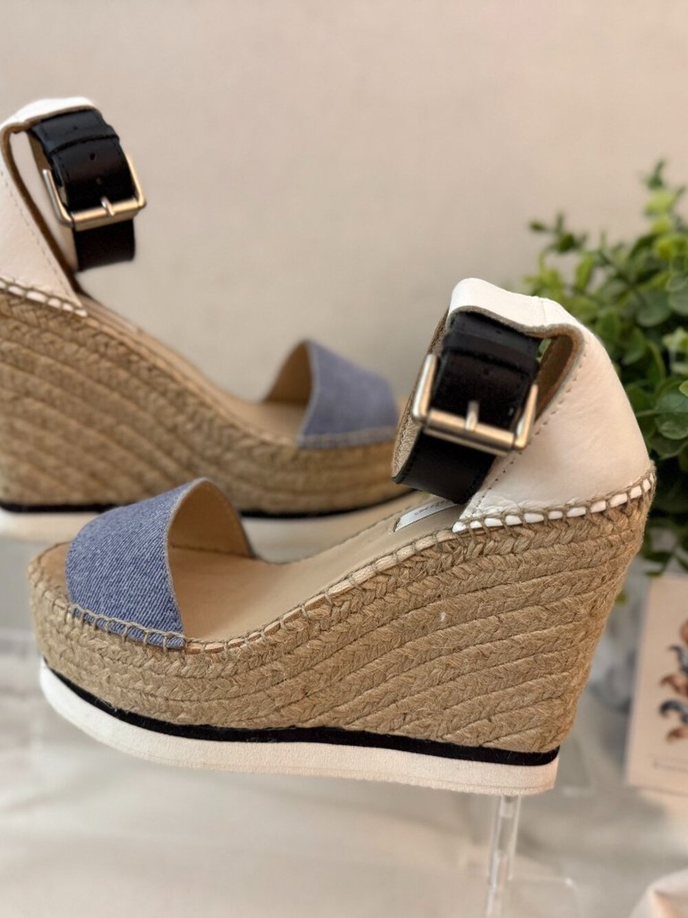 See by Chloé Denim Leather Espadrille Platform Wedge Sandals 37